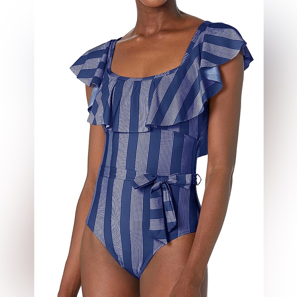 Anthro: Splendid Navy Striped Swimsuit with Belt